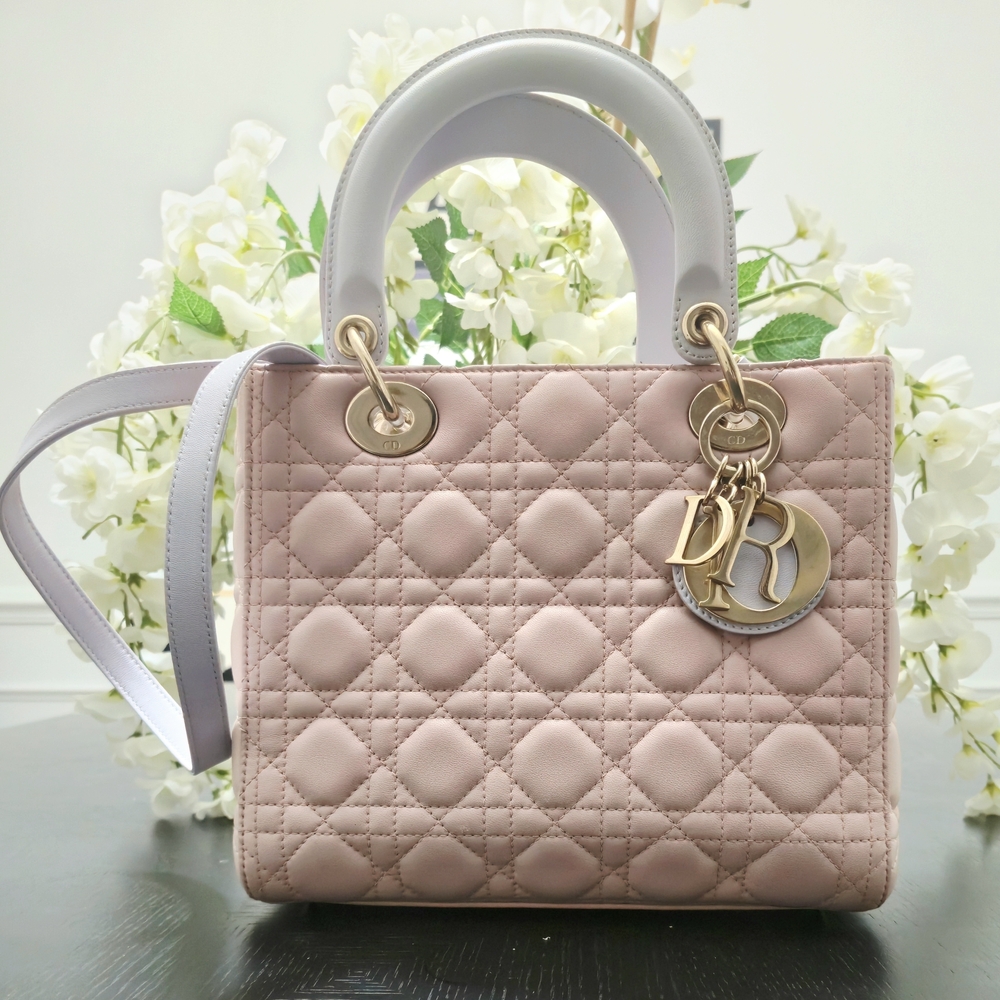 CHRISTIAN DIOR Lambskin Cannage Medium Tri-Color Lady Dior in Rose Pale